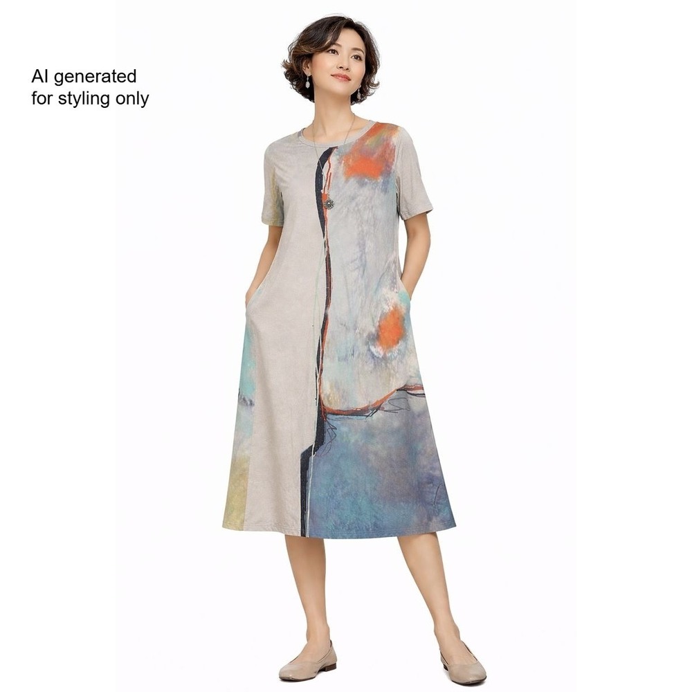 3 Potato Art to Wear Lagenlook Abstract Midi Dress Casual Short Sleeve A-Line XS